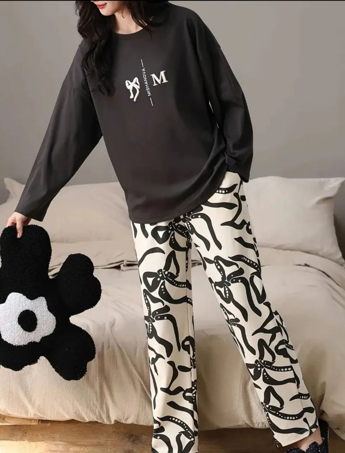 Black Ribbon Printed Full Sleeves Shirt with Off White Printed PJ The Ultimate Dream Wear Sleep Suit