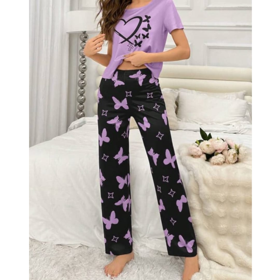 Purple With Black Butterflies Heart Printed T-shirt And Butterflies Printed Trouser Suit
