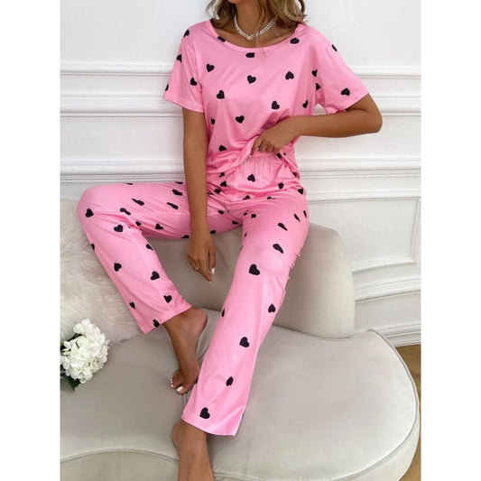 New Pink With Black Hearts Print Half Sleeves T-shirt With Hearts Printed Trouser Suit