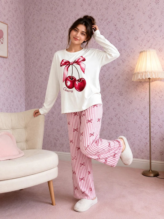 Sweet Cherry Printed Full Sleeves Tshirt with Bow Printed Trouser The Ultimate Dream Wear Sleep Suit