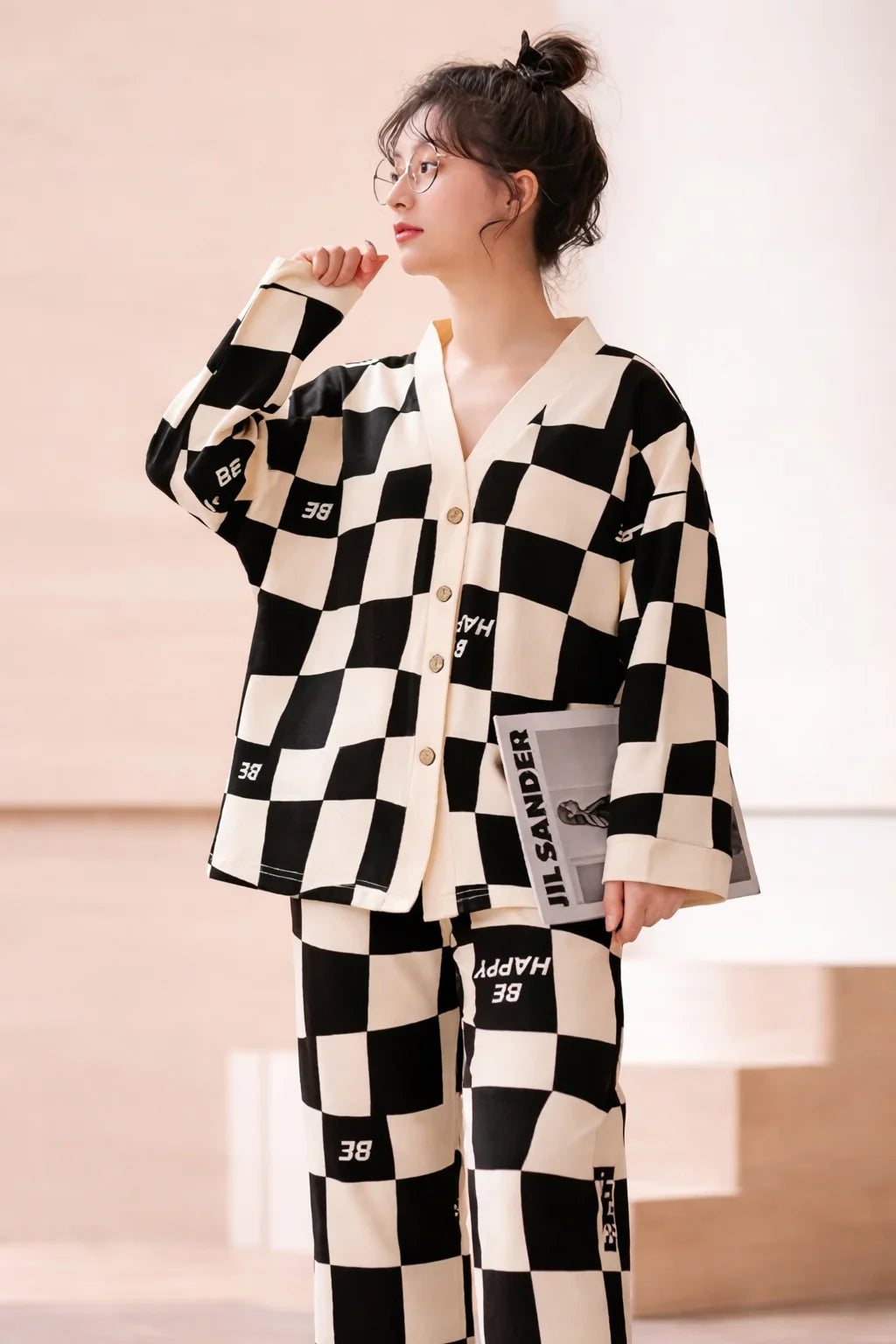 Off White with Black Check V-Neck Button Printed Pj Set For Her