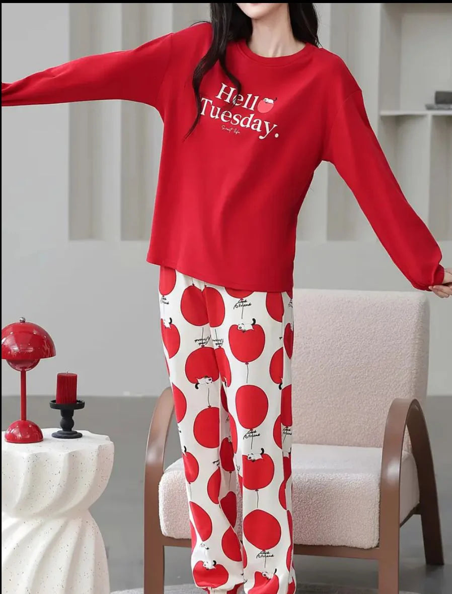 Red Hello Tuesday Printed Full Sleeves Pj The Ultimate Dream Wear Sleep Suit