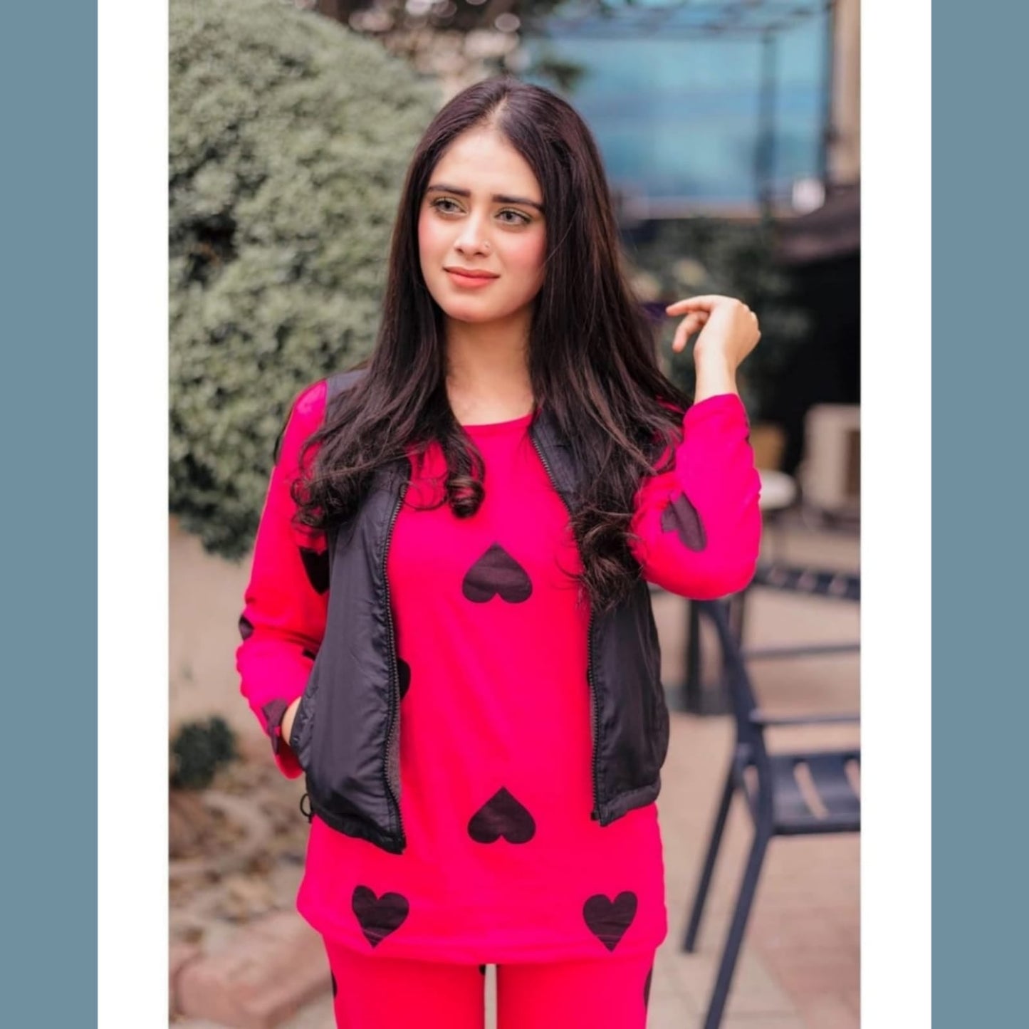 Shocking Pink With Black Big Heart print Full Sleeves Night Suit for her