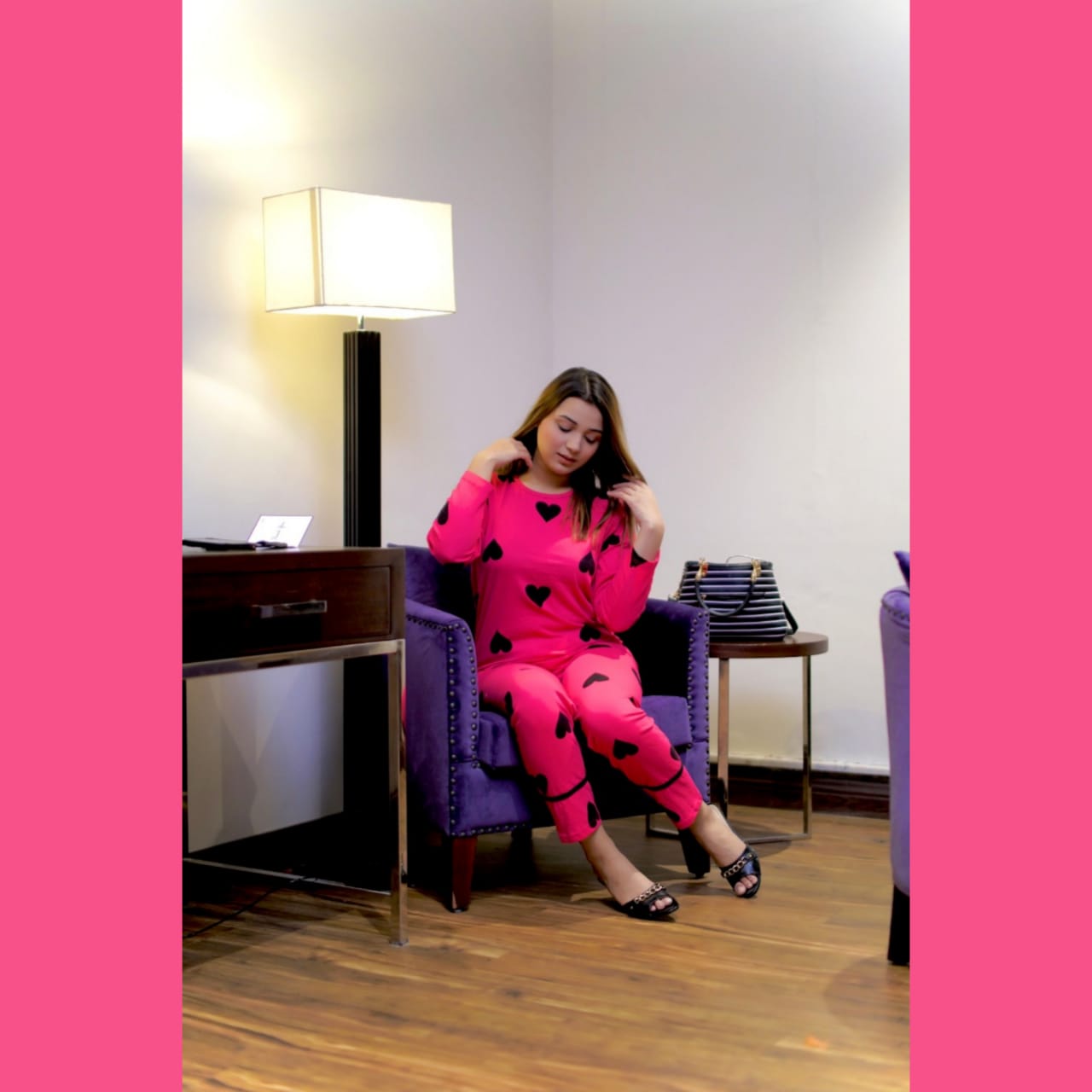 Shocking Pink With Black Big Heart print Full Sleeves Night Suit for her