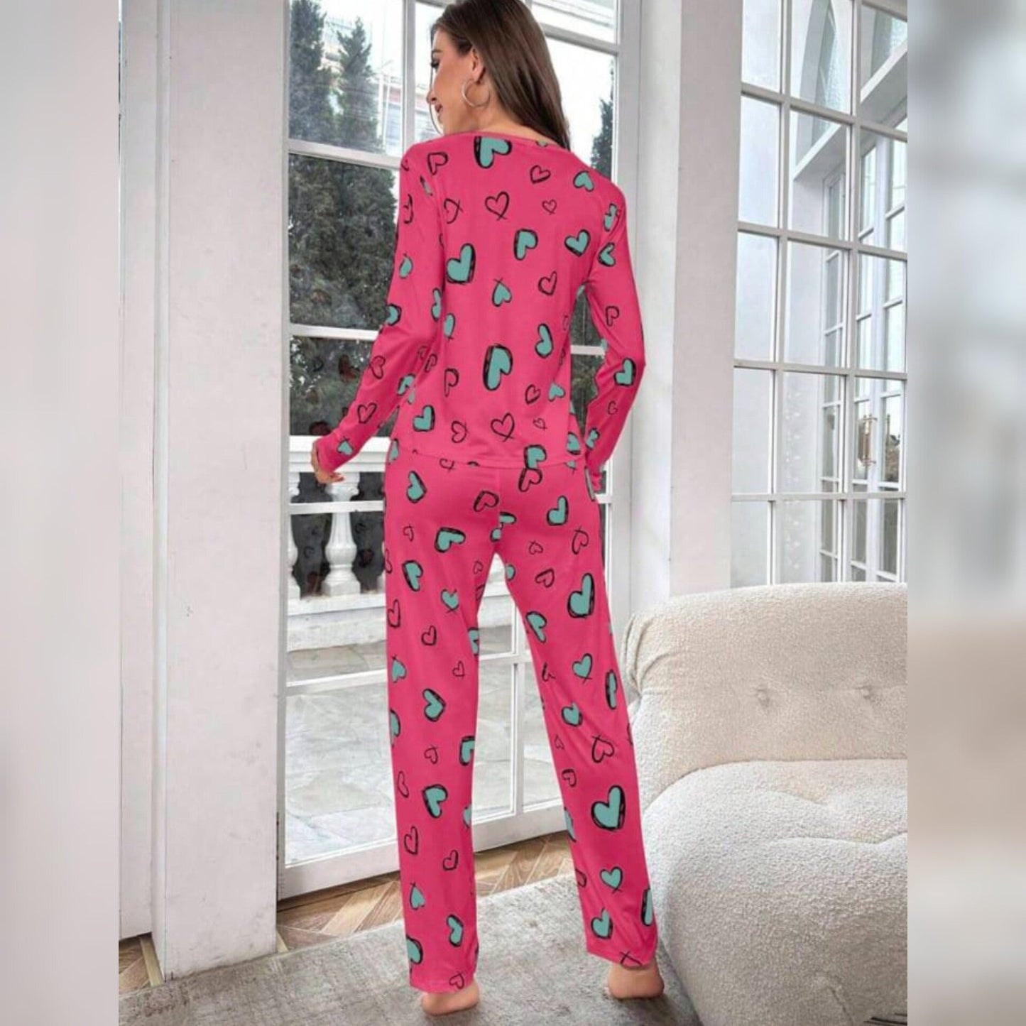 Shocking Pink With Green Herats Print Full Sleeves T-shirt With Hearts Printed Trouser Suit