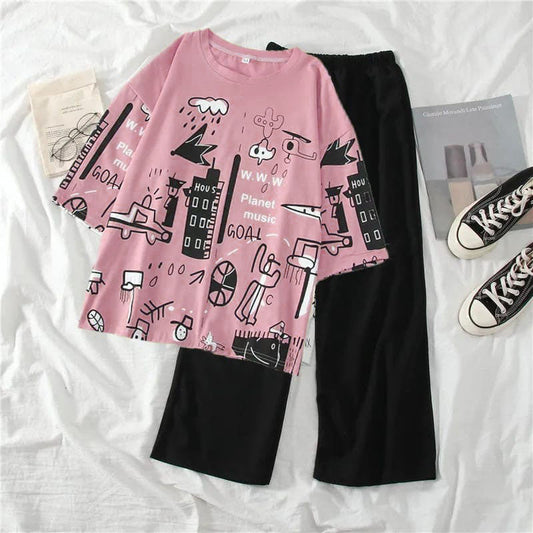 Pink Multi Printed Half Sleeves T-shirt With Plain Black Trouser Suit