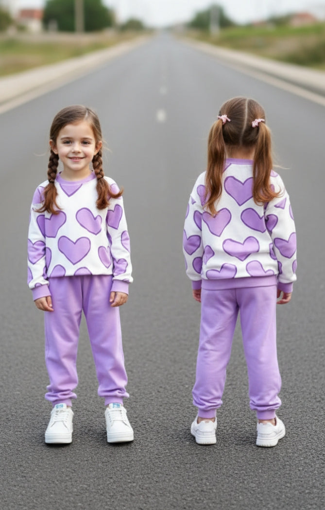 off white Purple Hearts with purple pajama Kids track suit
